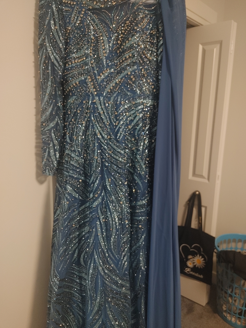 Embellished Sky Blue Long-Sleeve Evening Gown
